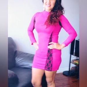 Pink dress size S. 95% Rayon and 5% spandex. Very comfortable and worn once.